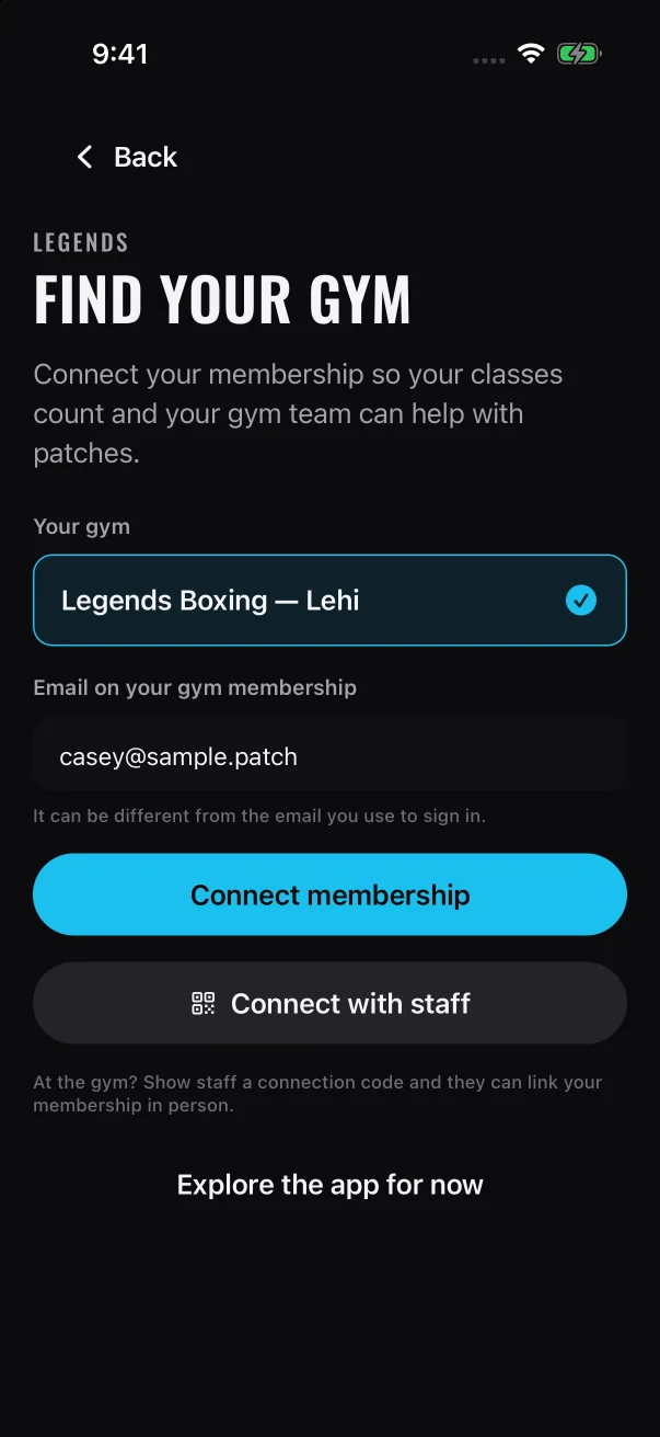 On "Find your gym", you connect your membership so your classes start counting.