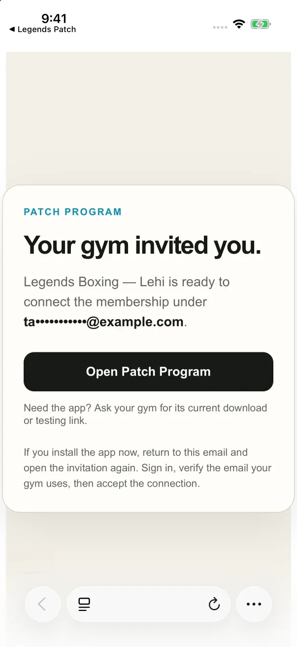 The invitation page names your gym and shows part of the invited email address, with a button that opens your app.
