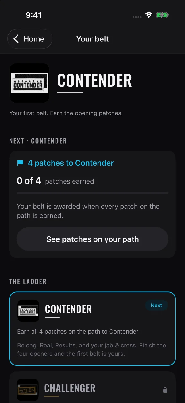 A new member's screen shows the first belt to earn and counts the opening patches toward it.