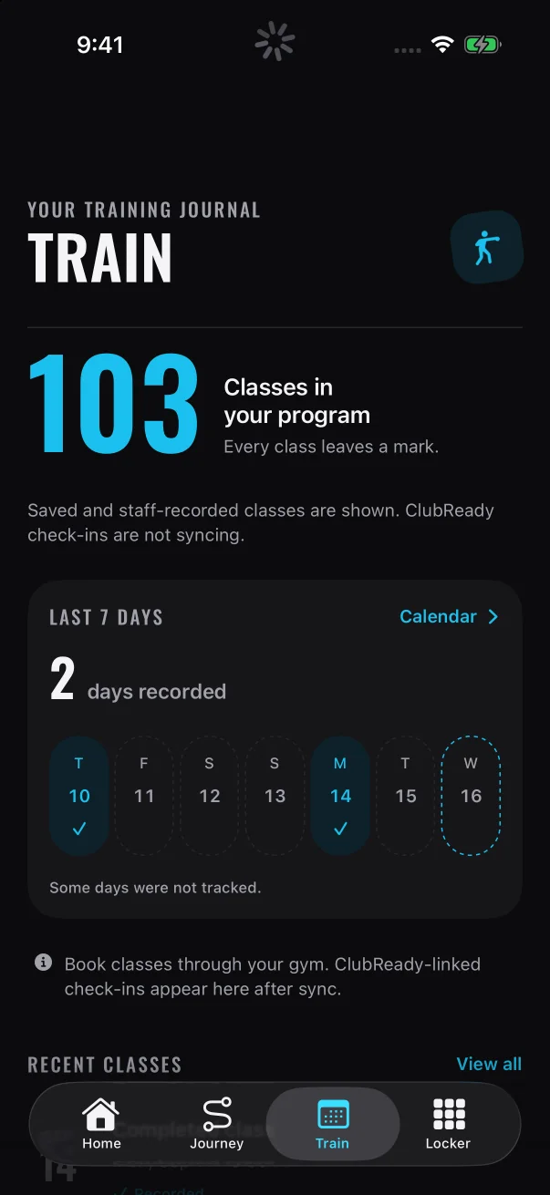 The big number is your program class count. This sample member was added by their gym, so the line under it says check-ins aren't syncing.