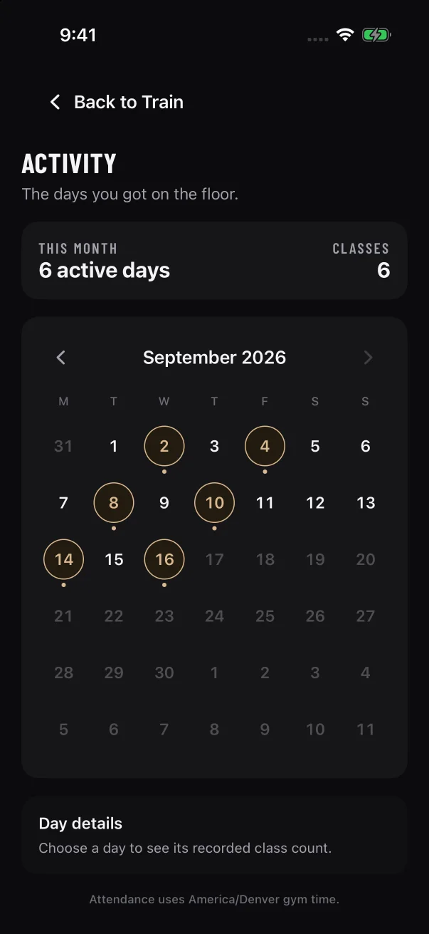 Highlighted days have a recorded class, faint days haven't happened yet, and the note at the bottom names your gym's time zone.