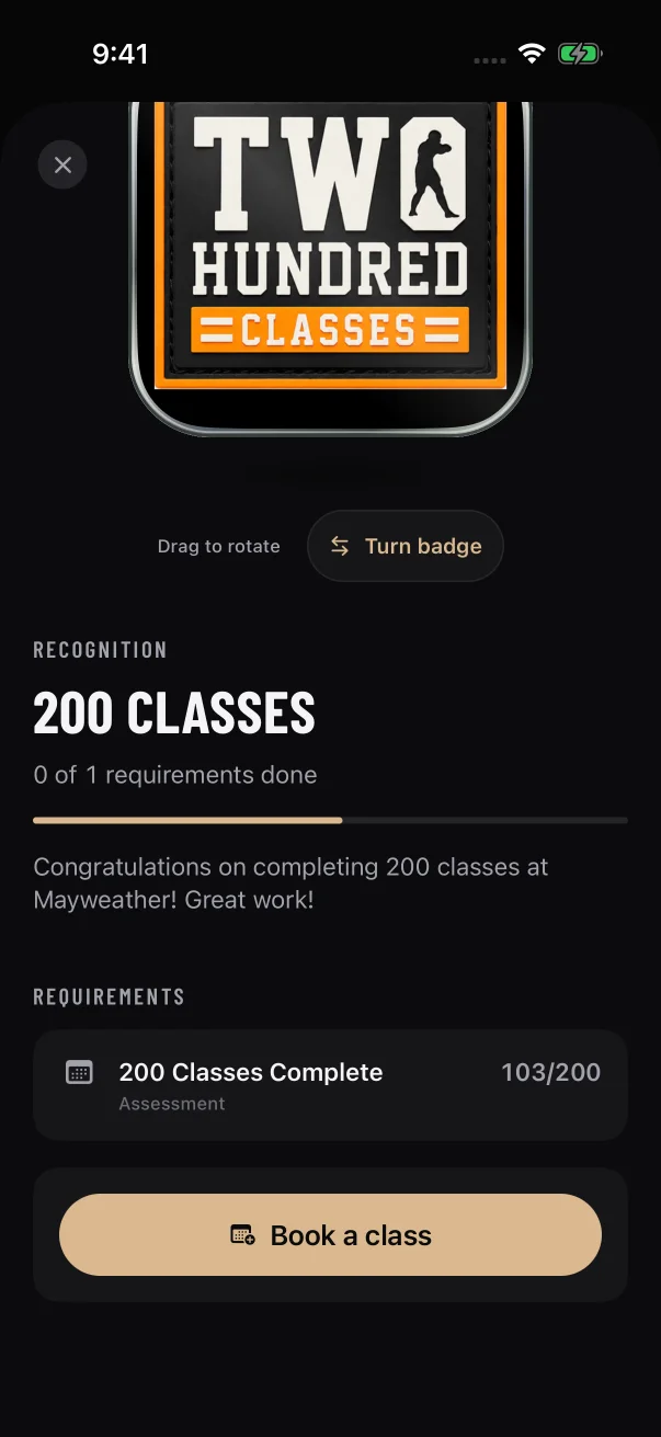 A class milestone counts up on its own. This sample member is at 103 of 200.