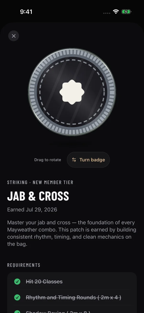 An earned patch opened from the Locker, with the full date you earned it under its name.