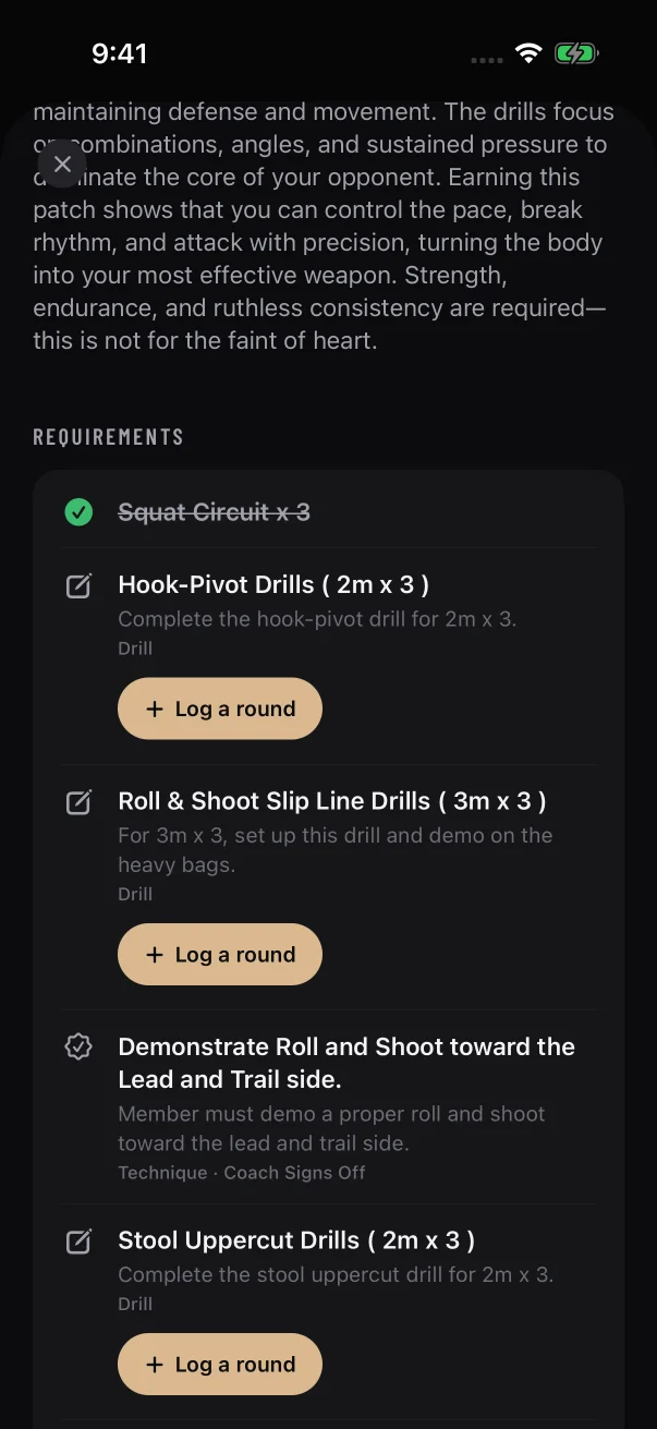 After one tap, the first drill is ticked off and crossed out.