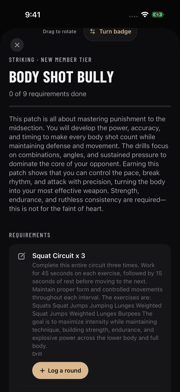 Drills you log yourself have a pencil icon and a Log a round button.