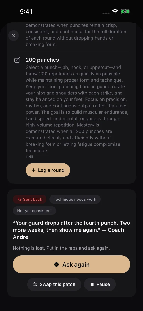 A sent-back request shows your coach's reasons and note above the Ask again button.
