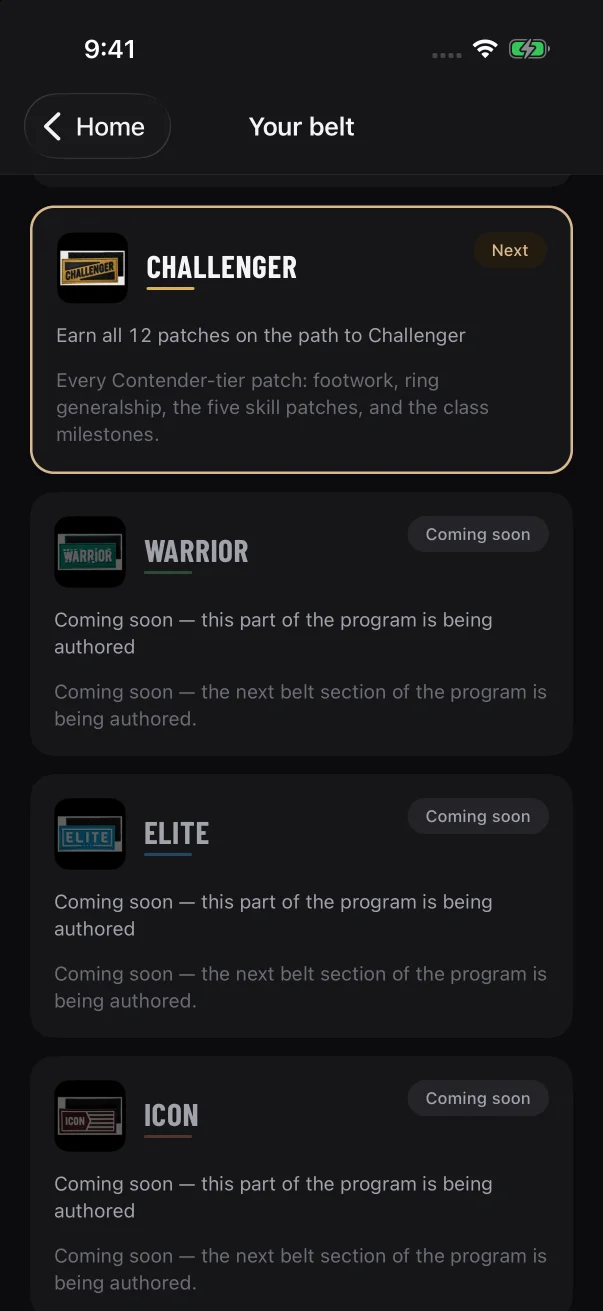 Belts higher up the ladder show "Coming soon" until your gym's program adds them.