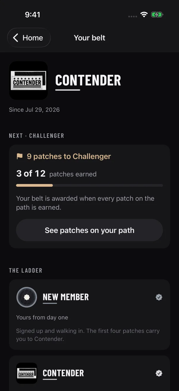"Next" shows how many patches stand between you and your next belt. See patches on your path opens your Journey to show which ones.