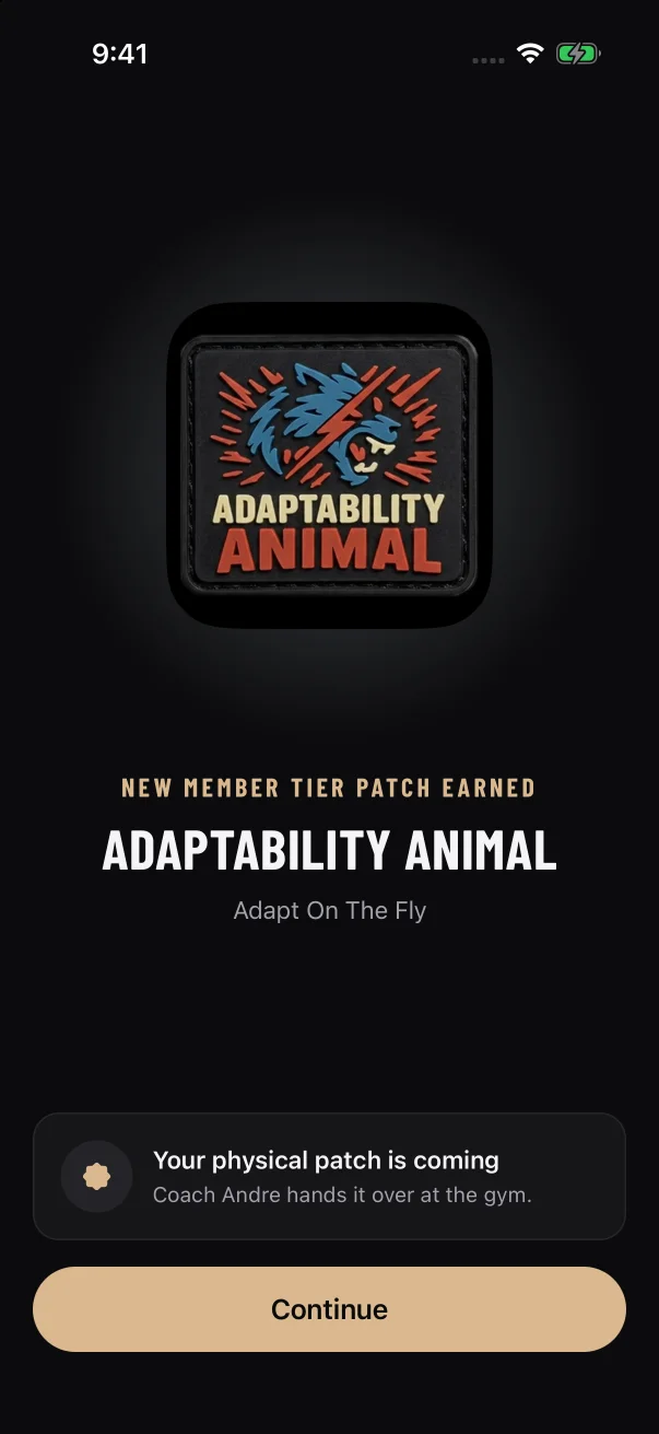 A patch celebration: the patch, the tier line, the patch name, the card about your physical patch and Continue.