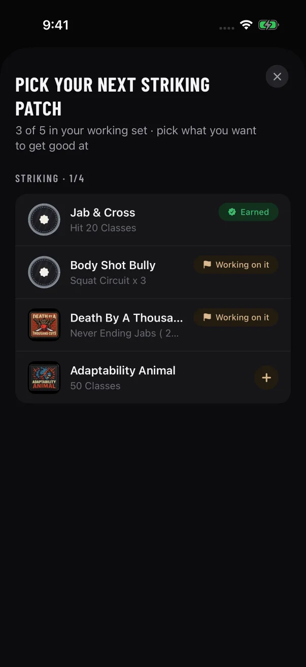 Tapping a circle opens the patch list, narrowed to one type of patch.