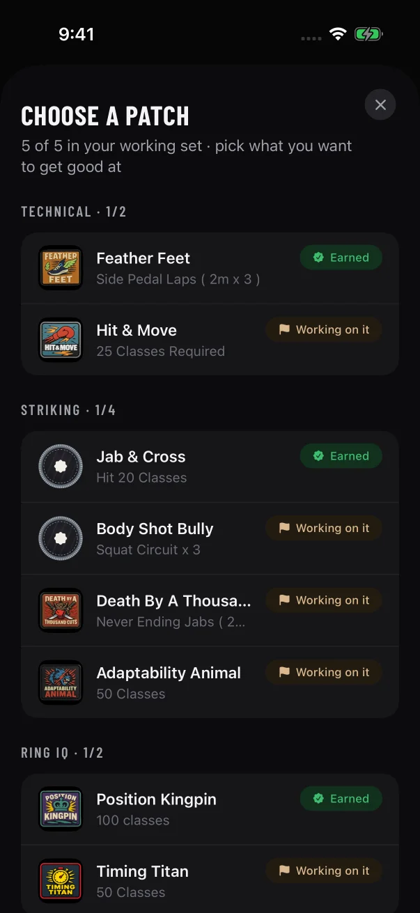 When the first number matches your limit, as in "5 of 5 in your working set", your set is full and starting or resuming another patch opens the swap sheet.