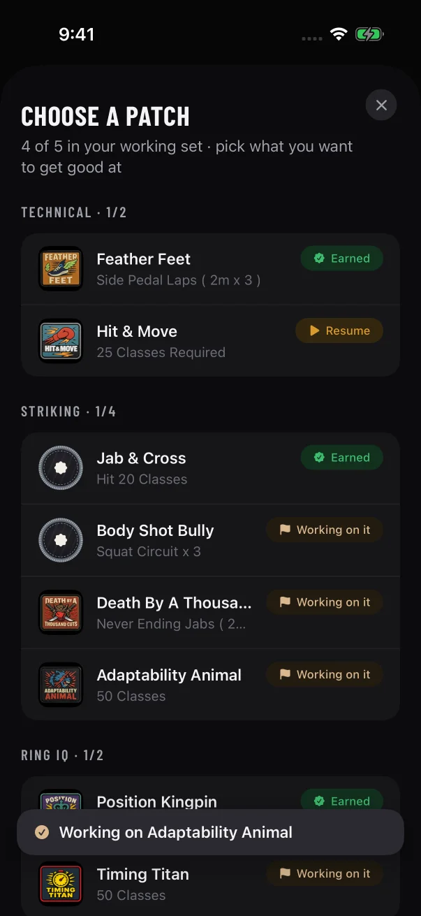 The new patch reads "Working on it", and the count moved from 3 to 4 of 5.