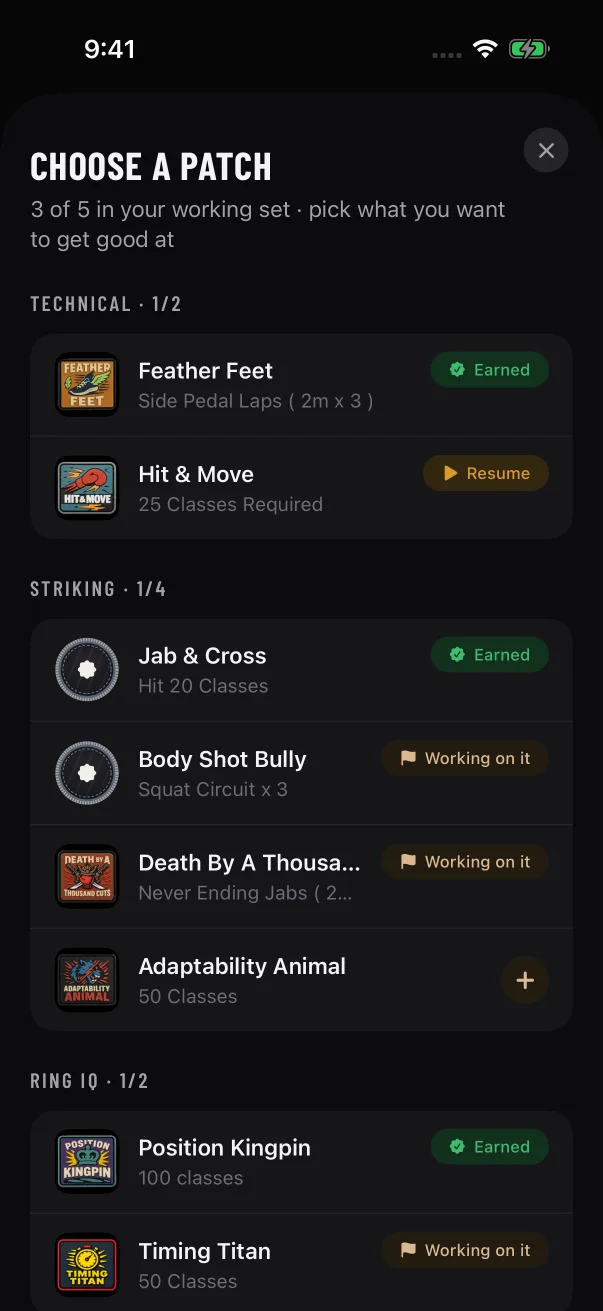 Choose a patch shows how many slots are in use and what state each patch is in.