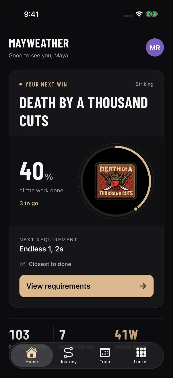 Home opens on "Your next win": one of the patches you're working on, how much of it is done and the next requirement to tackle.