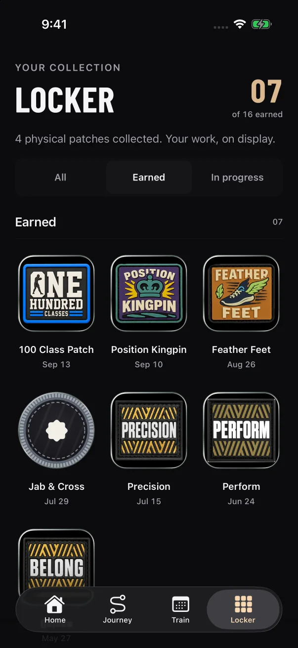 The patch you earned sits in your Locker's Earned list with its date.
