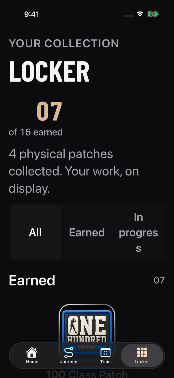 At a very large text size, the counter moves under the title and the patches line up in a single column.