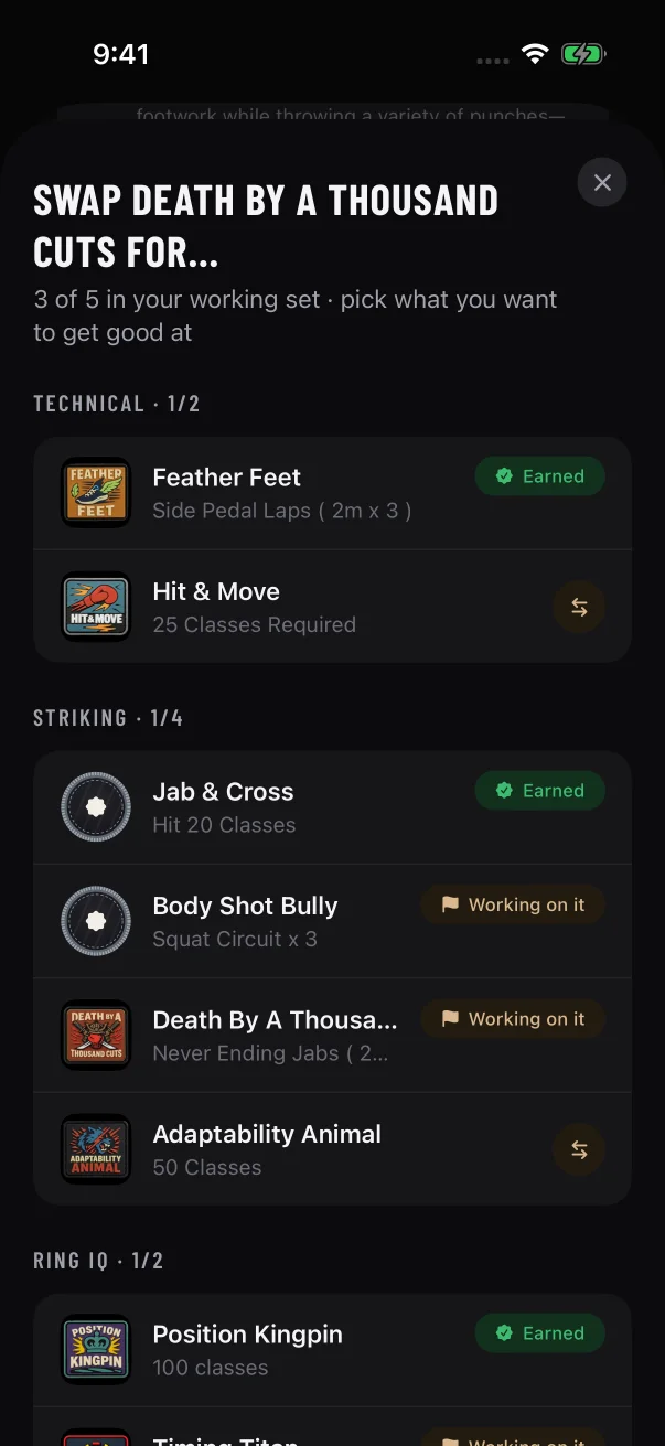 In swap mode, the patches you can switch to show a two-way arrow instead of + or Resume.